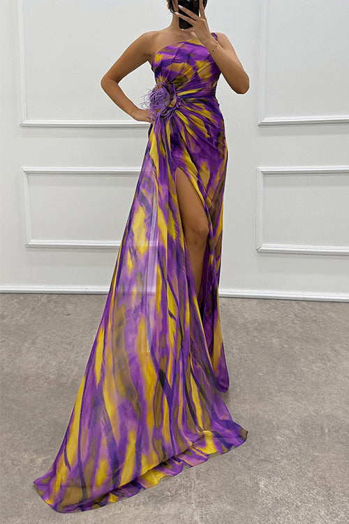 GR | Rosiedress Strapless Rose Detail High Slit Printed Chiffon Maxi Dress