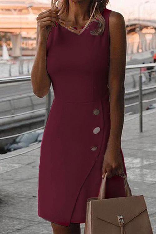 GR | Rosiedress Round Neck Button Sleeveless Office Dress