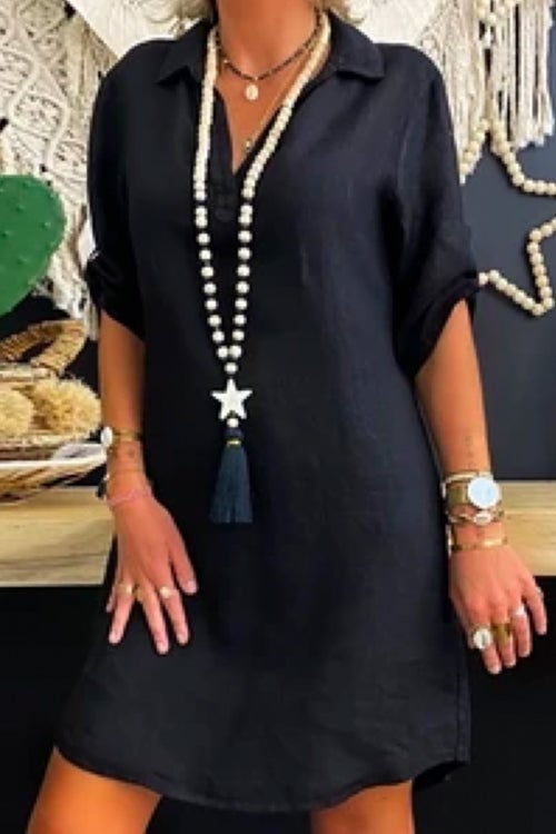 GR | Rosiedress Lapel V-Neck Roll-Up Sleeve Shirt Dress