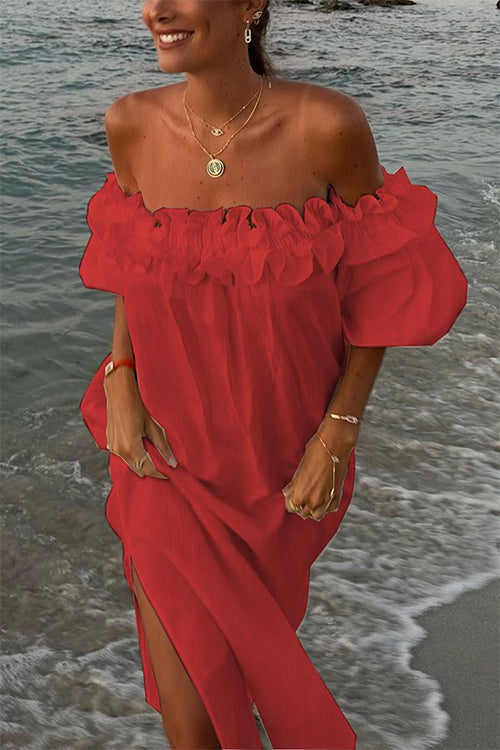 GR | Rosiedress Off Shoulder Ruffle Trim Slit Cotton Linen Maxi Holiday Dress