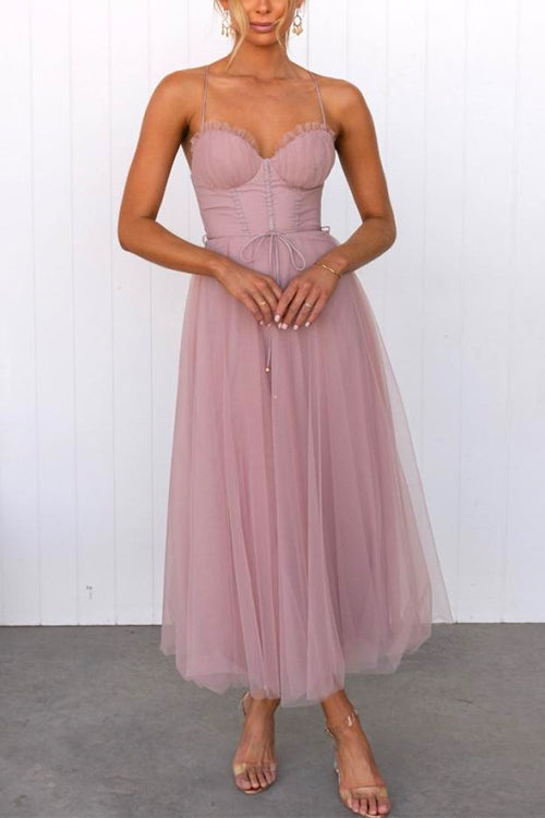 GR | Rosiedress Back Cutout Tie Belt Mesh Swing Maxi Spaghetti Strap Dress