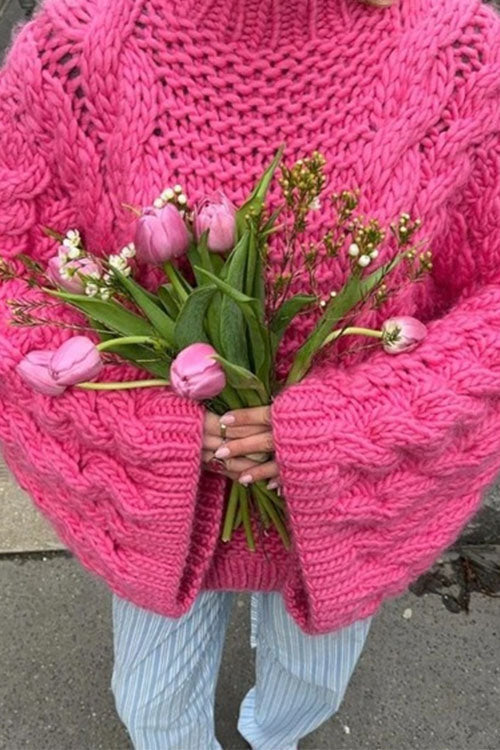 GR | Rosiedress Rundhals Übergroße Zopfmuster Pullover