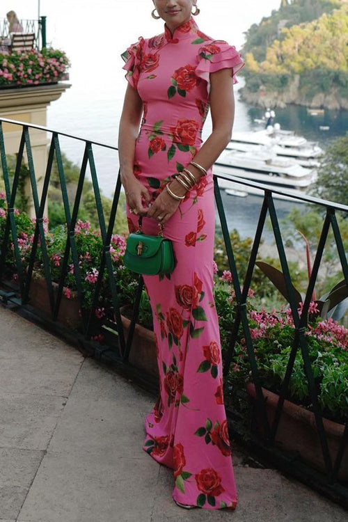 GR | Ruffled Sleeves Rose Pattern Maxi Cheongsam Dress