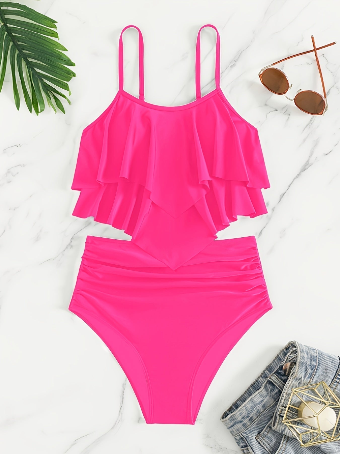 GR | Ruched, Layered Two-Piece Black Tankini for Women