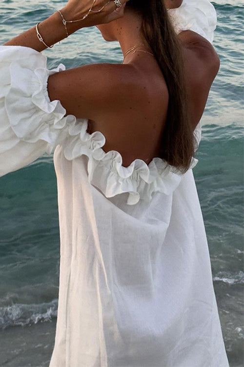 GR | Rosiedress Off Shoulder Ruffle Trim Slit Cotton Linen Maxi Holiday Dress