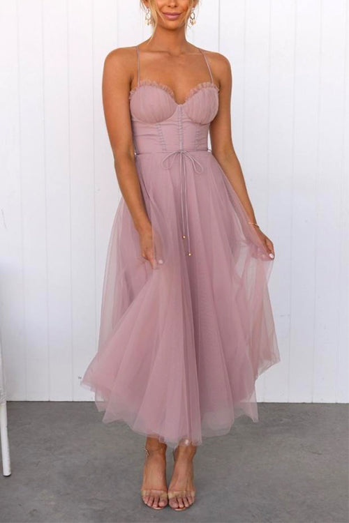 GR | Rosiedress Back Cutout Tie Belt Mesh Swing Maxi Spaghetti Strap Dress