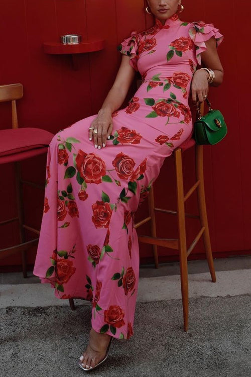 GR | Ruffled Sleeves Rose Pattern Maxi Cheongsam Dress
