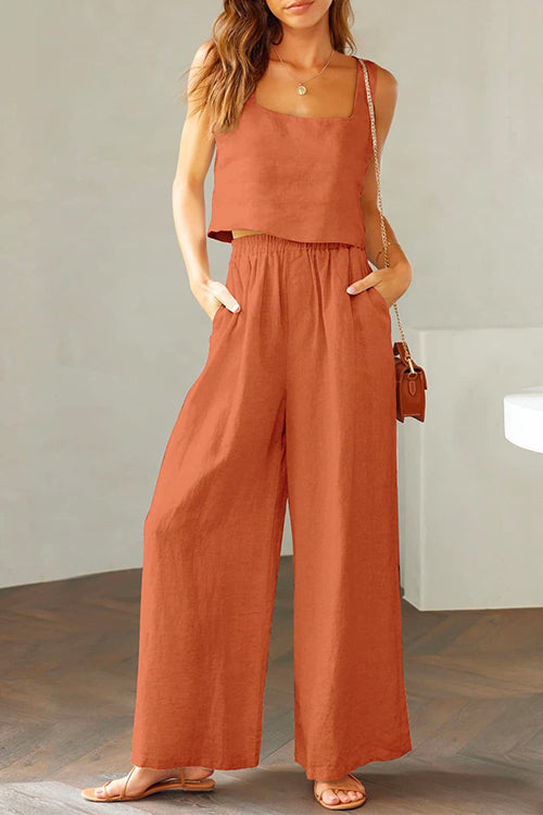 GR | Rosiedress Square Collar Cami Crop Top Wide Leg Trousers Cotton Linen Set