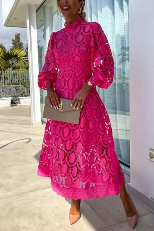 GR | Rosiedress Mockneck Puffärmel Spitze Aushöhlung Mid Kleid