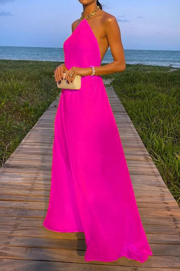 GR | Sunny In Santorini Chain Halter Backless A-Line Holiday Maxi Dress