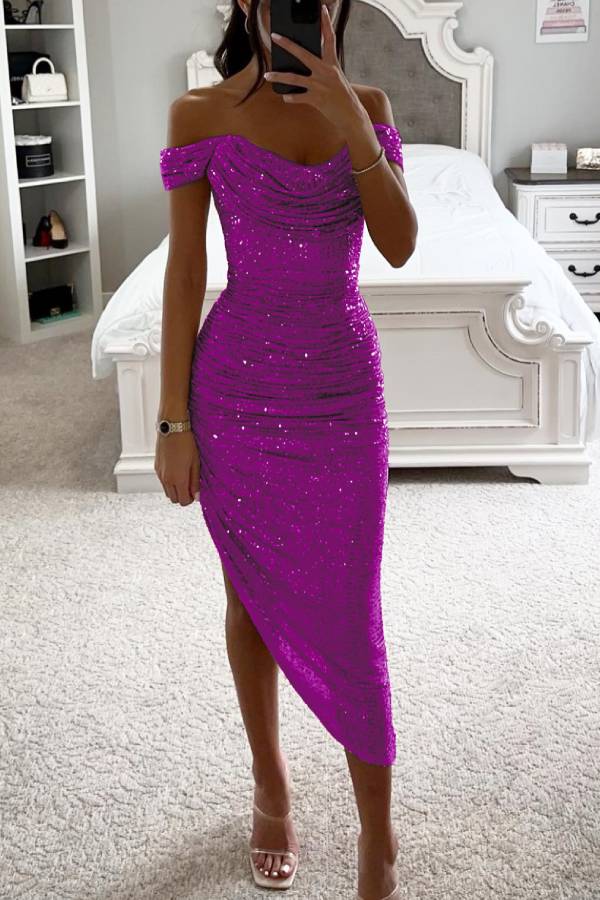 GR | Schalkragen-Pailletten-Midi-Kleid