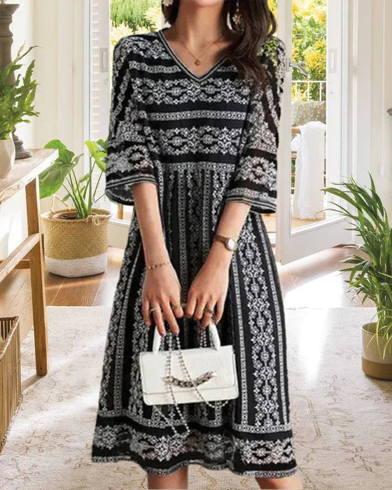 GR | Bedrucktes Midi-Kleid mit V-Ausschnitt