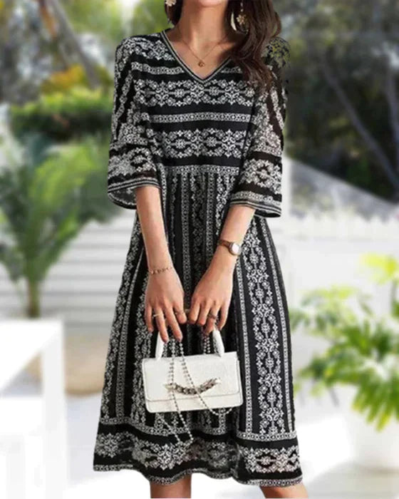 GR | Bedrucktes Midi-Kleid mit V-Ausschnitt