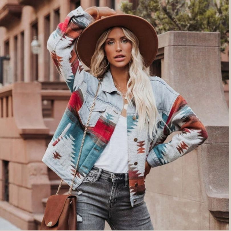 GR | Denim jacket with Aztec pattern