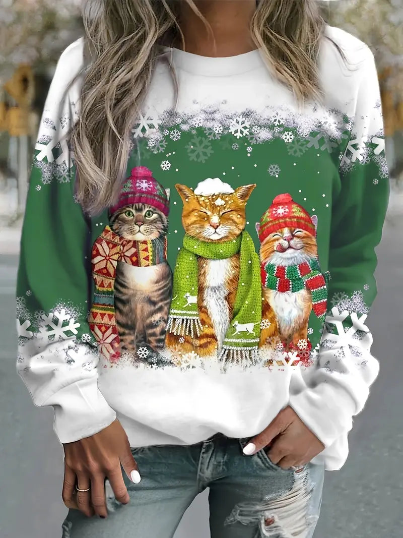 GR | Christmas Sweater with Cat Print for Women