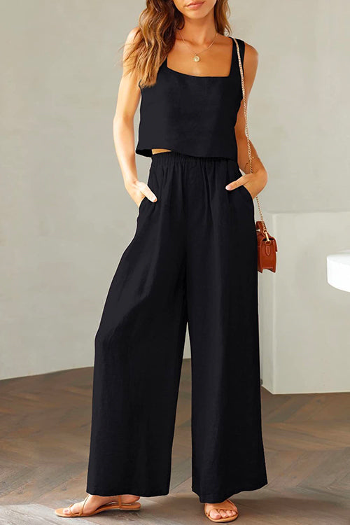 GR | Rosiedress Square Collar Cami Crop Top Wide Leg Trousers Cotton Linen Set