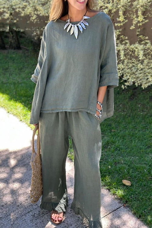 GR | Rosiedress Cotton Linen 3/4 Sleeve Sweater Top Wide Leg Trousers Ruffled Hem Set 