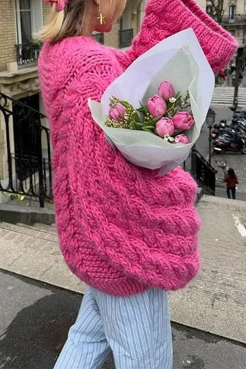 GR | Rosiedress Rundhals Übergroße Zopfmuster Pullover