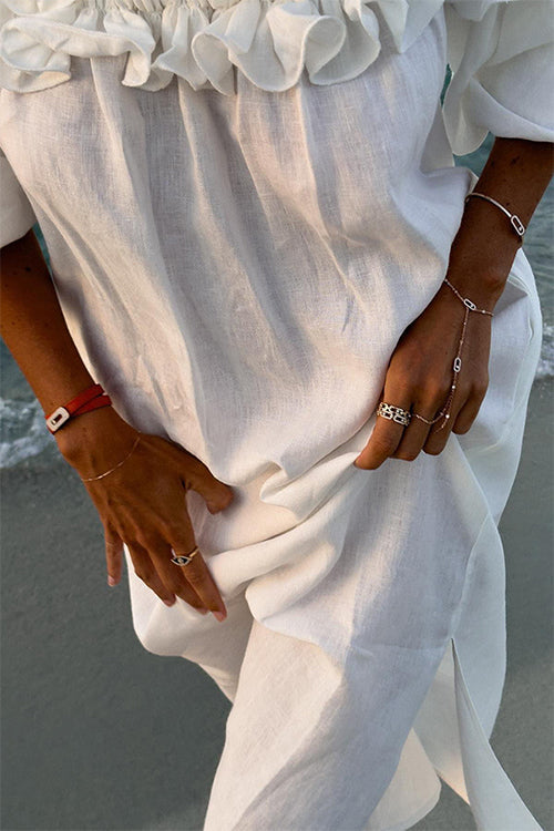 GR | Rosiedress Off Shoulder Ruffle Trim Slit Cotton Linen Maxi Holiday Dress