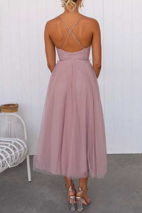 GR | Rosiedress Back Cutout Tie Belt Mesh Swing Maxi Spaghetti Strap Dress