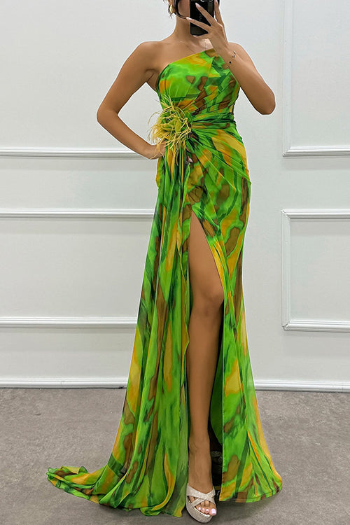 GR | Rosiedress Strapless Rose Detail High Slit Printed Chiffon Maxi Dress