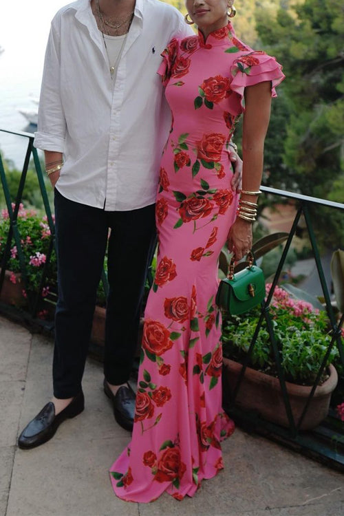 GR | Ruffled Sleeves Rose Pattern Maxi Cheongsam Dress