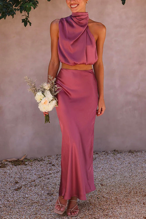 GR | Rosiedress Roll Neck Sleeveless Cropped Top High Waisted Maxi Skirt Satin Set