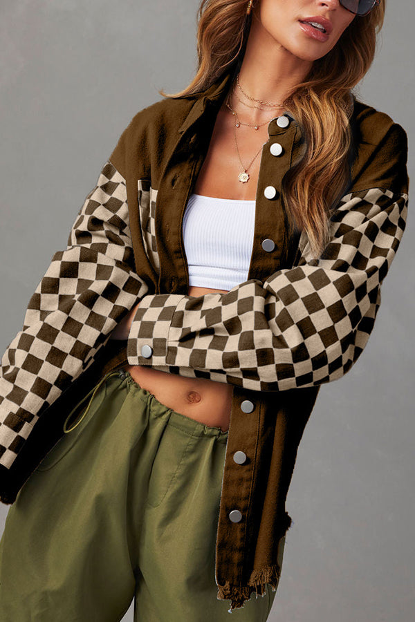 GR | Fashionable Casual Loose Checkered Contrasting Raw Edge Denim Jacket