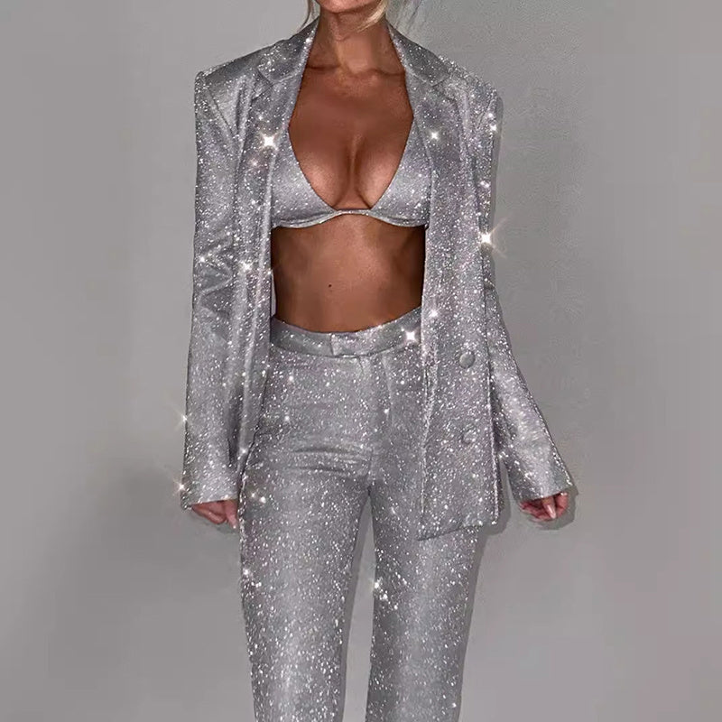 GR | Shiny women's suit set with blazer and straight-leg trousers for parties