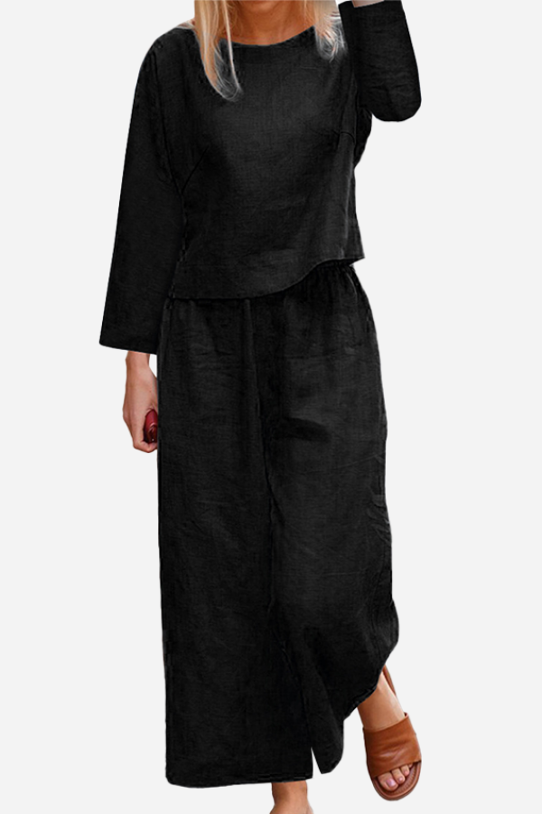 GR | Airy linen set with multi-layered top and wide trouser legs
