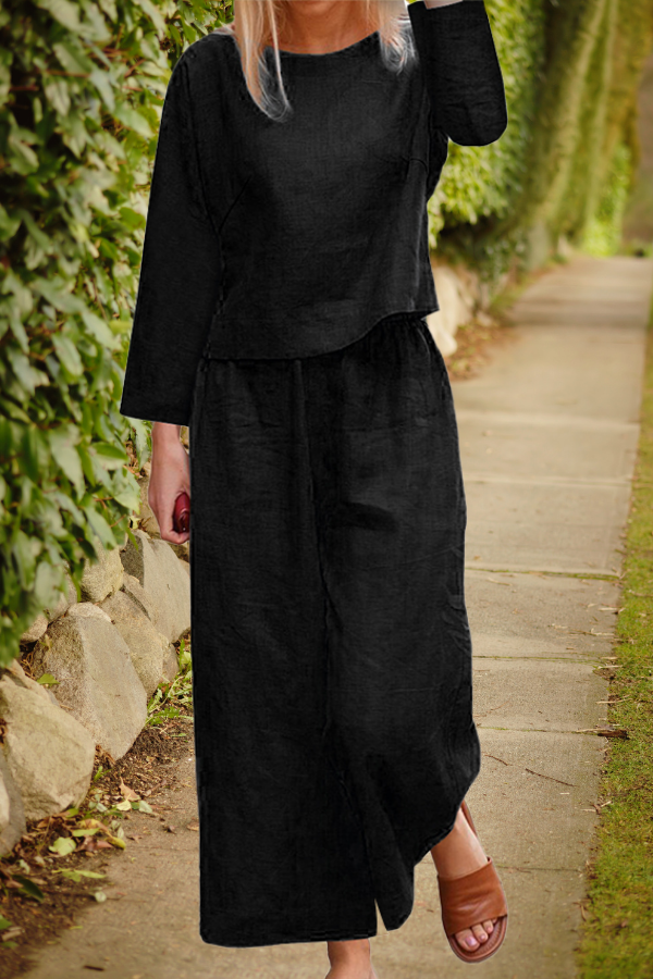GR | Airy linen set with multi-layered top and wide trouser legs