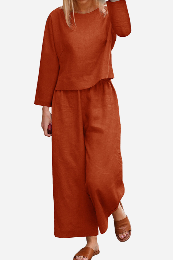 GR | Airy linen set with multi-layered top and wide trouser legs