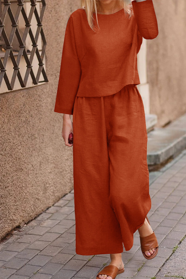 GR | Airy linen set with multi-layered top and wide trouser legs