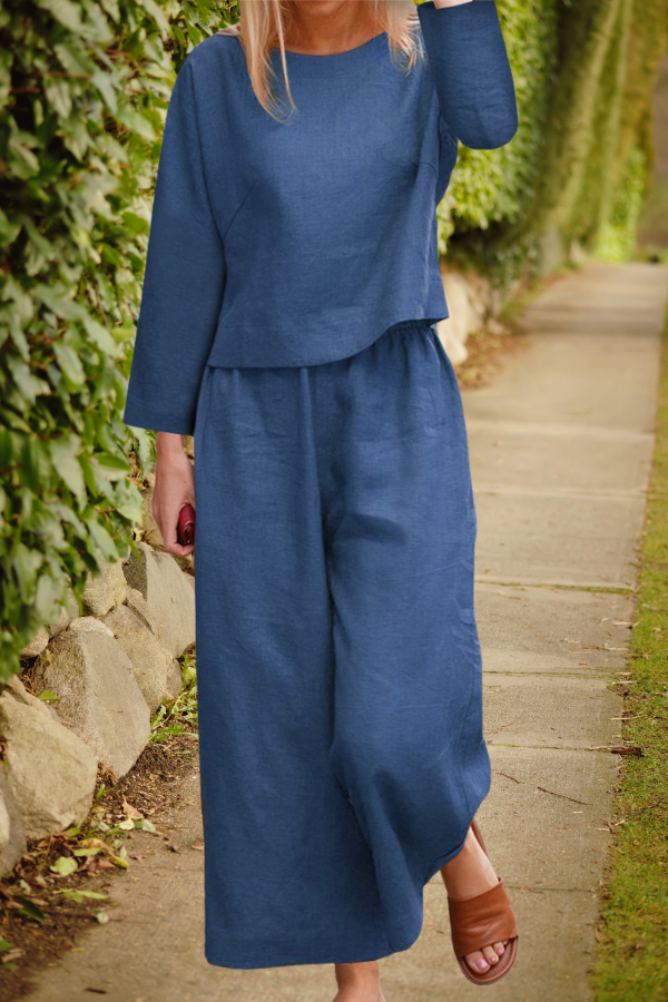 GR | Airy linen set with multi-layered top and wide trouser legs
