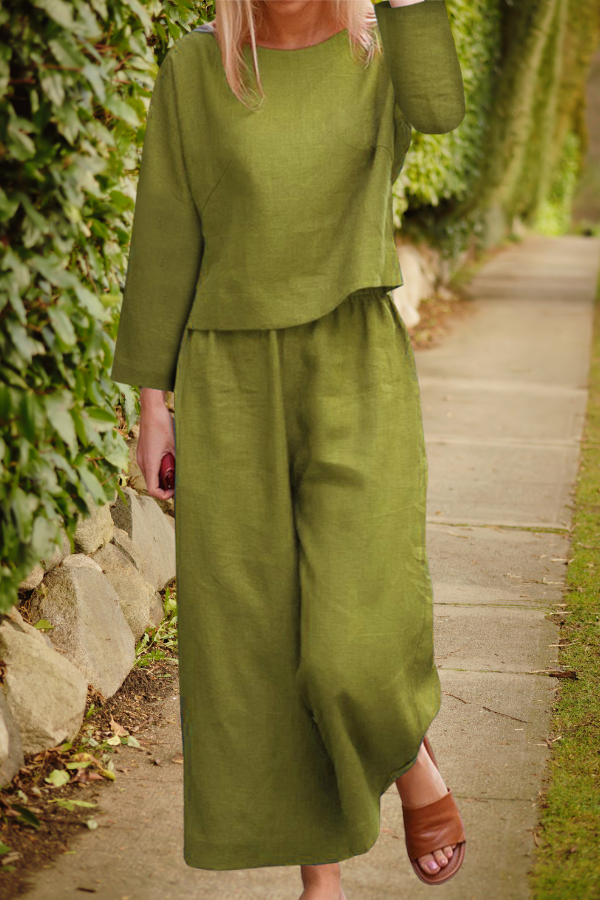 GR | Airy linen set with multi-layered top and wide trouser legs