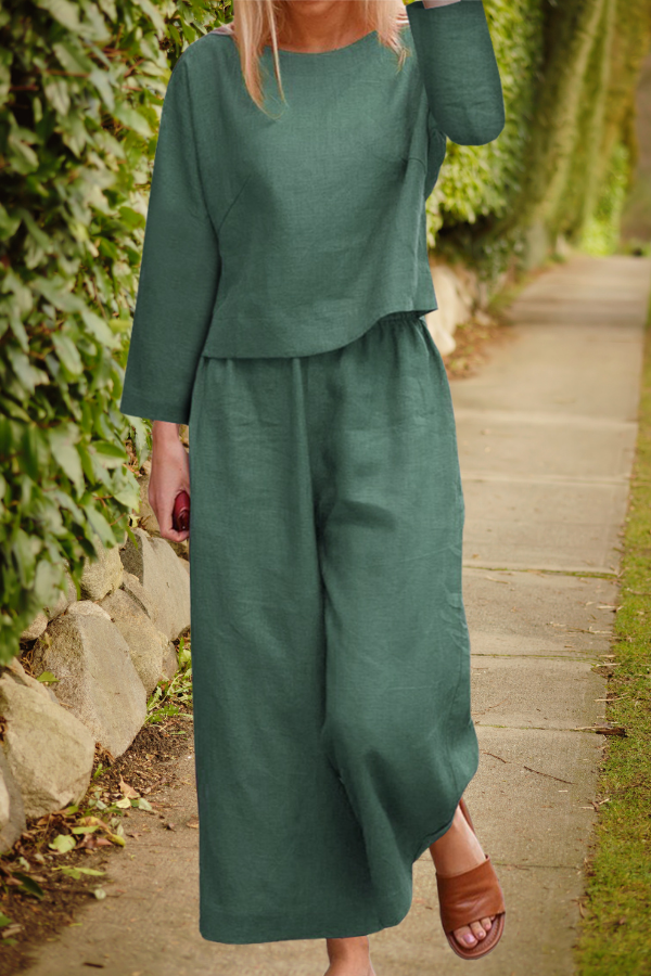 GR | Airy linen set with multi-layered top and wide trouser legs