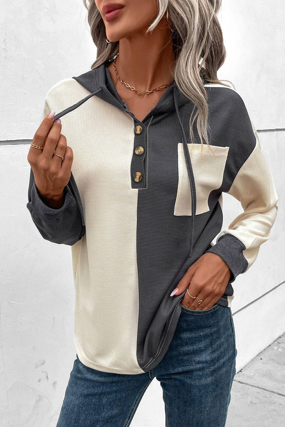 GR | Waffel-Hoodie Mit Knopfleiste Für Frauen