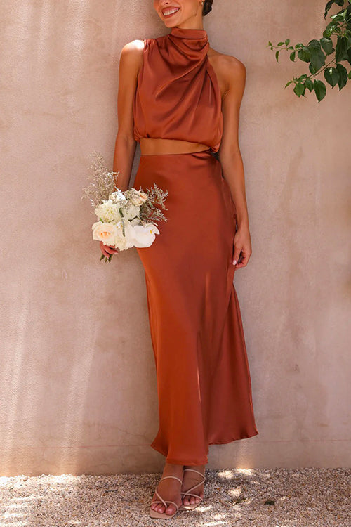 GR | Rosiedress Roll Neck Sleeveless Cropped Top High Waisted Maxi Skirt Satin Set