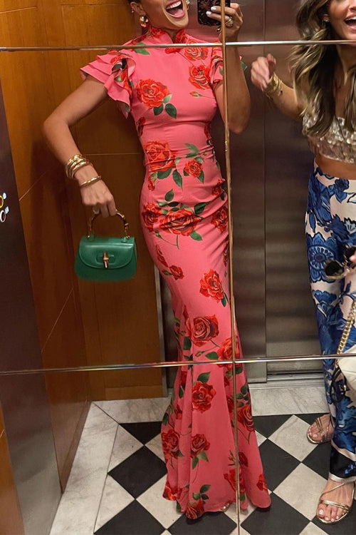 GR | Ruffled Sleeves Rose Pattern Maxi Cheongsam Dress