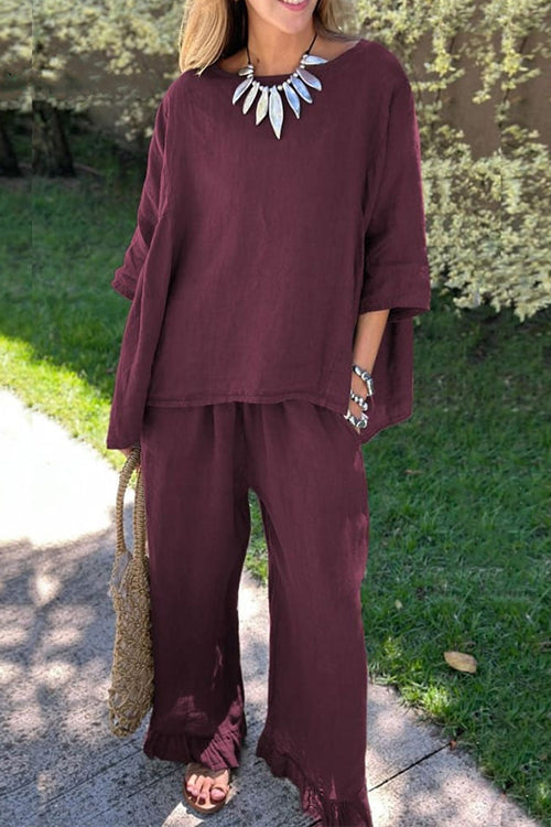 GR | Rosiedress Cotton Linen 3/4 Sleeve Sweater Top Wide Leg Trousers Ruffled Hem Set 