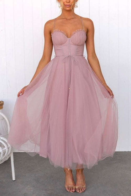 GR | Rosiedress Back Cutout Tie Belt Mesh Swing Maxi Spaghetti Strap Dress