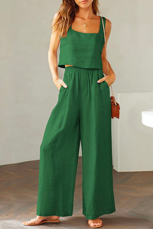 GR | Rosiedress Square Collar Cami Crop Top Wide Leg Trousers Cotton Linen Set