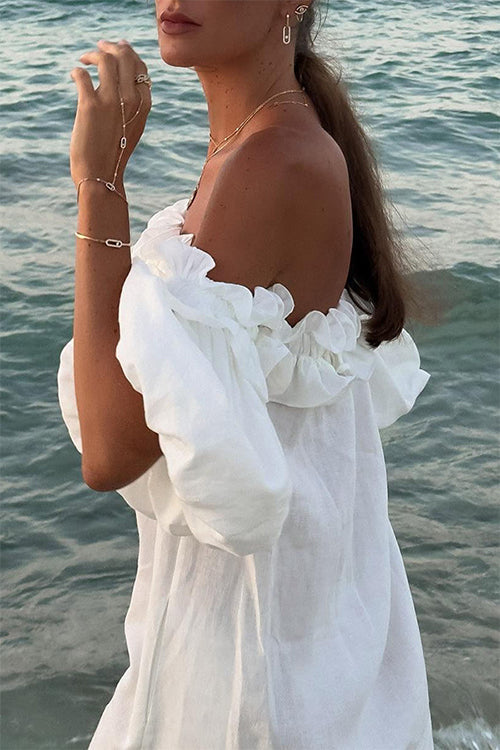 GR | Rosiedress Off Shoulder Rüsche Trim Schlitz Baumwolle Leinen Maxi Urlaub Kleid