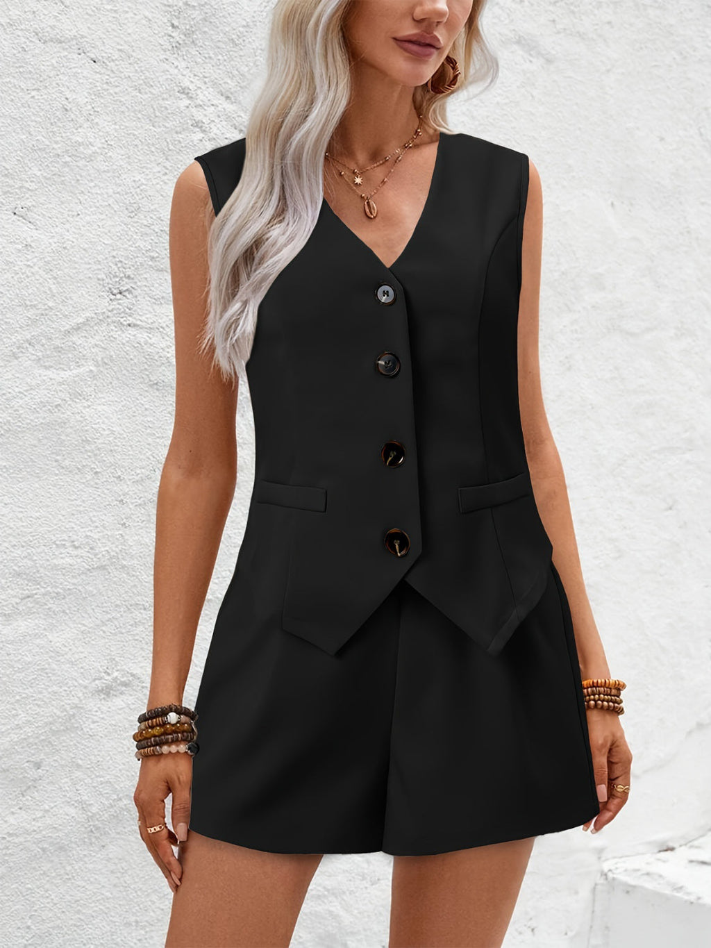 GR | Neck Button Down Vest and Shorts Set