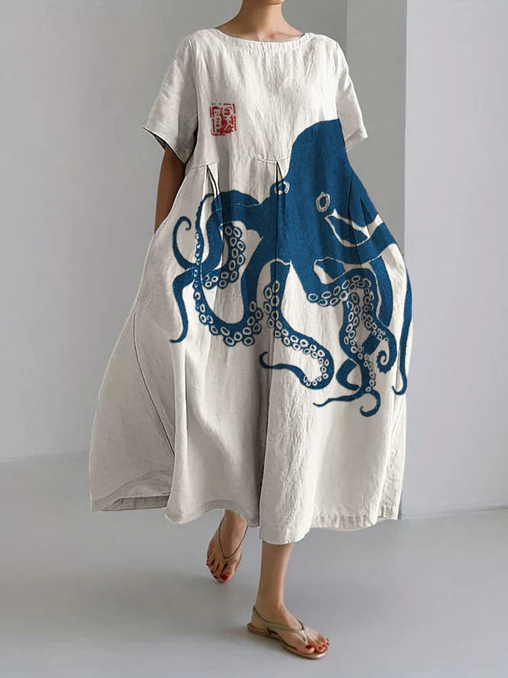 GR | Langes Kleid Aus Halbleinen Mit Japanischem Muster Aus Octopus Leinen