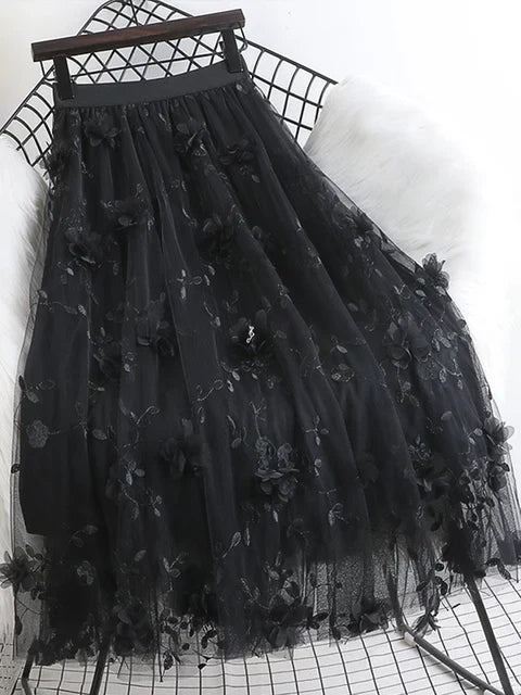 GR | Naturally Embroidered Floral Tulle Skirt Spring