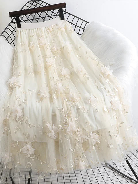 GR | Naturally Embroidered Floral Tulle Skirt Spring