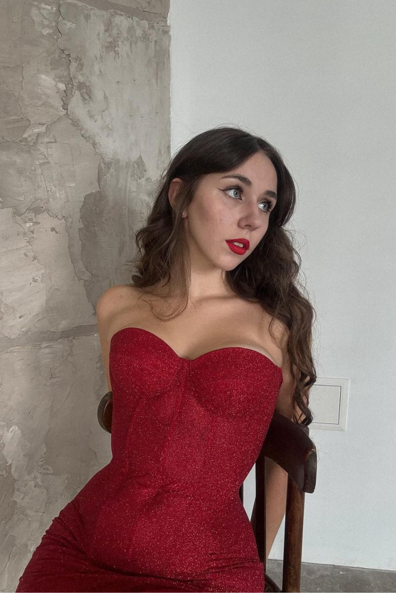 GR | Trägerlos Glitzer Rot Korsett Mini Kleid
