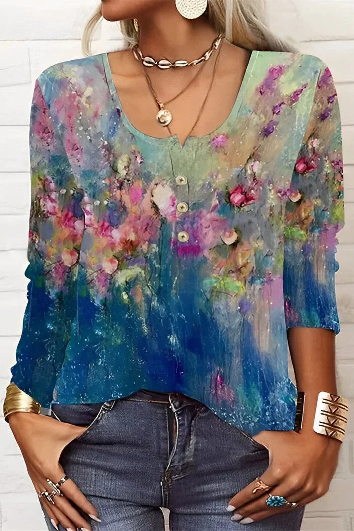 GR | T-Shirt mit Langen Ärmeln und Blumenprint mit Rundhalsausschnitt und Langen Ärmeln
