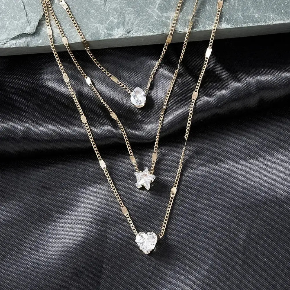 GR | Zircon Heart Charm Layered Pendant Necklace
